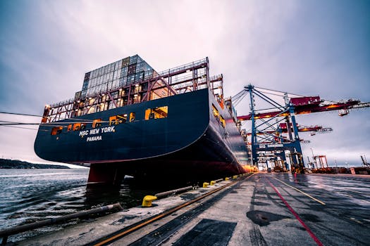 A large cargo ship docked at Gothenburg port with industrial cranes, Sweden.